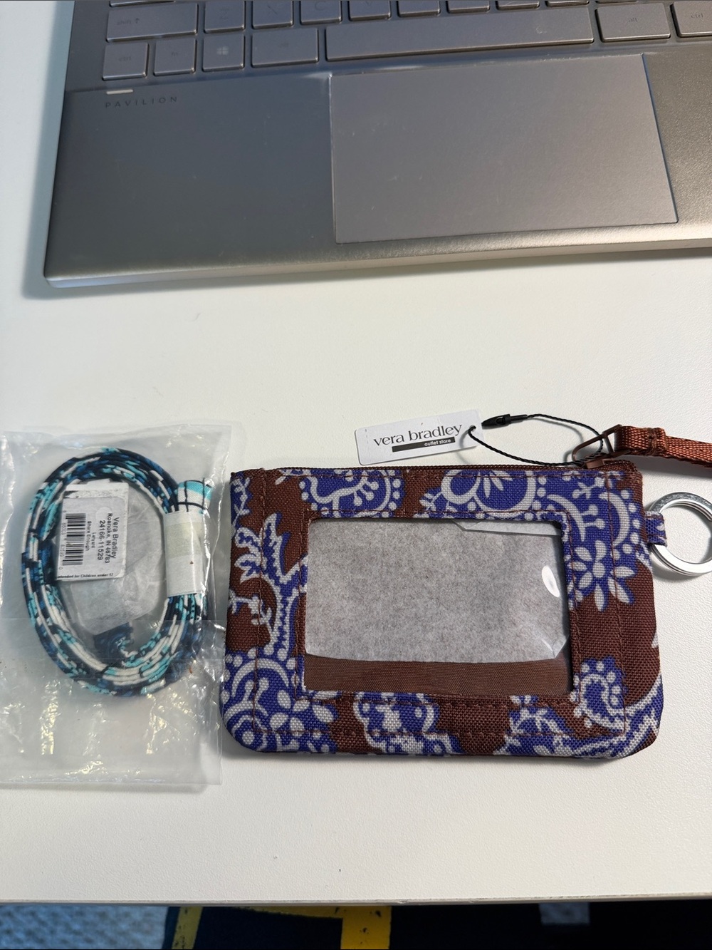 Vera Bradley Brown & Blue Paisley ID Wallet with Lanyard